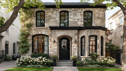 Fototapeta premium Stone house with dark trim, ivy, lush garden, and grassy lawn