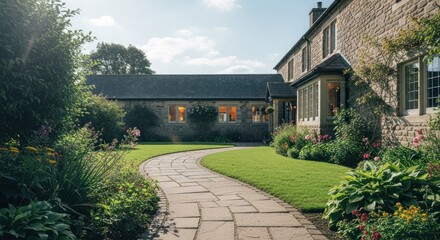 Fototapeta premium Stone path leads to a large, idyllic country house with manicured garden