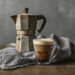 Glass cup of layered coffee with cream top and vintage moka pot background, placed rustic wooden surface with gray cloth, evokes cozy and warm