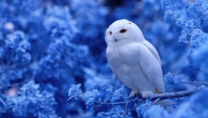 Obraz premium Elegant white owl perched amidst vibrant blue flowers.