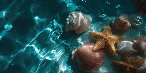 Beautiful seashells and starfish resting on sandy ocean floor