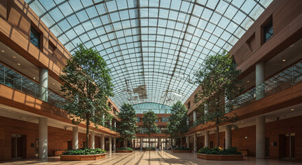 A Bright, Modern Atrium with Trees and a Glass Roof