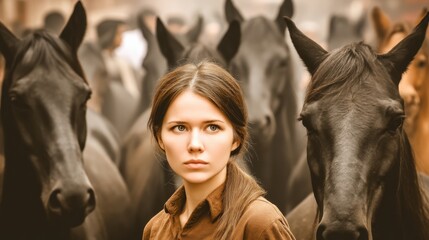 Fototapeta premium A young woman with long brown hair standing among black horses in a stable or outdoor setting