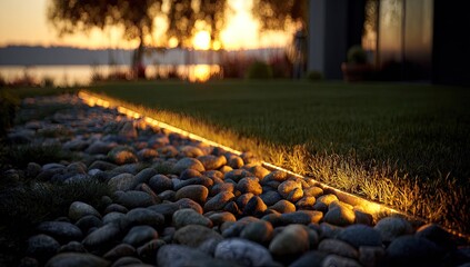 Pathway with golden lights at sunset