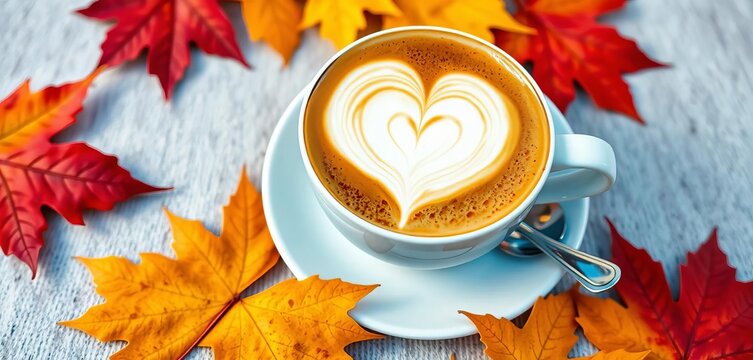 Cappuccino heart latte art, autumn leaves, white saucer, spoon, wood, leaves