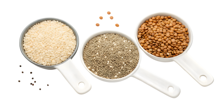 A close up view of three measuring cups filled with different types of dried lentils on transparent background, Png