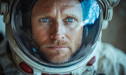 Close-up portrait of a space astronaut in a spacesuit, with a nebula galaxy reflected in the helmet glass, showcasing the awe-inspiring concept of deep space exploration, Generative AI
