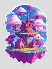 Obraz premium 2d vector illustration An fantasy island at sky with cloud and factory with city 