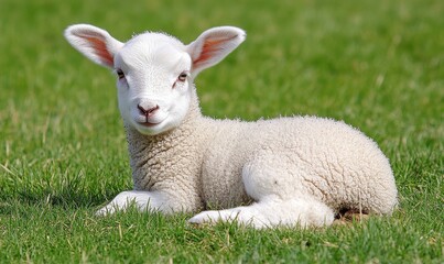 Obraz premium Lamb sitting in the grass during lambing season in spring, symbolizing renewal, new life, and the beauty of nature during the season of growth, Generative AI