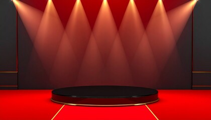 Elegant circular stage with red carpet and gold stanchions under dramatic spotlights