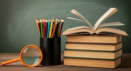 Stack of books colored pencils and magnifying glass on a wooden surface