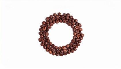 Ring of roasted coffee beans arranged in a perfect circle on white background