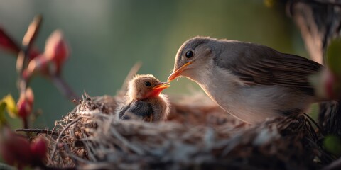 Fototapeta premium A mother bird feeding her chicks as the first light hits the nest