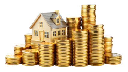 A miniature house model sits atop a stack of shiny gold coins, symbolizing investment, real estate, and financial growth isolated on transparent background