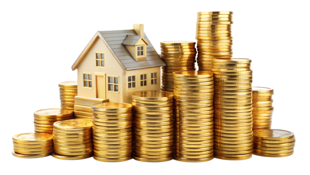 A miniature house model sits atop a stack of shiny gold coins, symbolizing investment, real estate, and financial growth isolated on transparent background