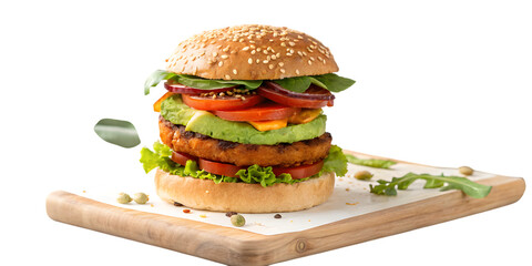 A vibrant veggie burger stacked high with fresh ingredients on a wooden cutting board isolated on transparent background, Png
