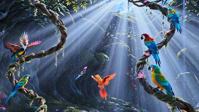 Vibrant Exotic Birds Perching and Flying in Luminous Fantasy Forest Canopy