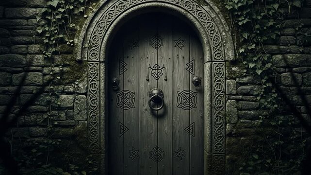 Mysterious ancient door with Celtic and Norse carvings. Fantasy entrance set in an old stone wall with ivy. Dark, medieval arched doorway.