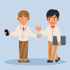 Formal Indonesian attire: A young individual in traditional attire Two elegantly attired individuals engage in a professional interaction, with one holding a smartphone and the other a laptop.