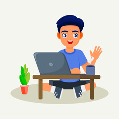 Cartoon people working on laptops at desks in an office setting