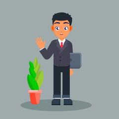 Business Professional's Greetings: A friendly businessperson in a suit, holding a tablet, extends a welcoming hand, beside a potted plant.