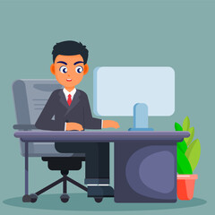 Focused Work: A professional individual, deeply engaged in the task at hand, is seated at a sleek desk in an office environment, diligently working on his computer.