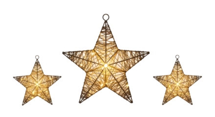 Three decorative star-shaped light fixtures with warm illumination cutout isolated on transparent bg, png