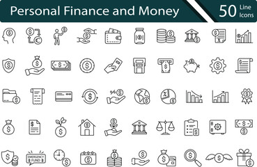 Personal Finance and Money Management Icon Set. Clean Line Icons for Banking, Investment, Budgeting, and Economy.