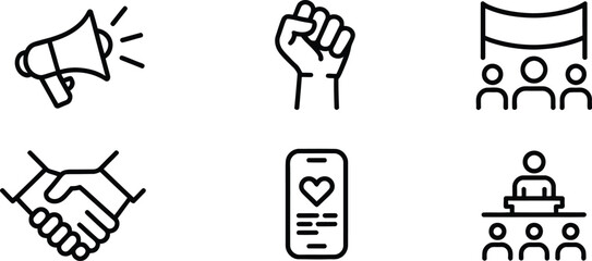 Protest Signs, Raised Fist, People with Banner, Megaphone Icons, Handshake Isolated