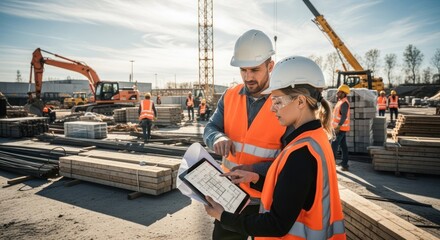 Two workers discuss a blueprint at a construction site under bright sunlight