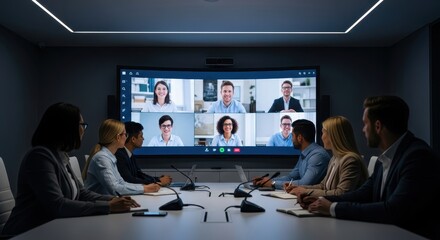 A diverse business team attending a video conference in a modern, dimly lit conference room