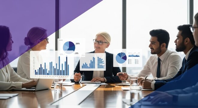 Business team analyzing digital data charts and graphs during a modern corporate boardroom meeting