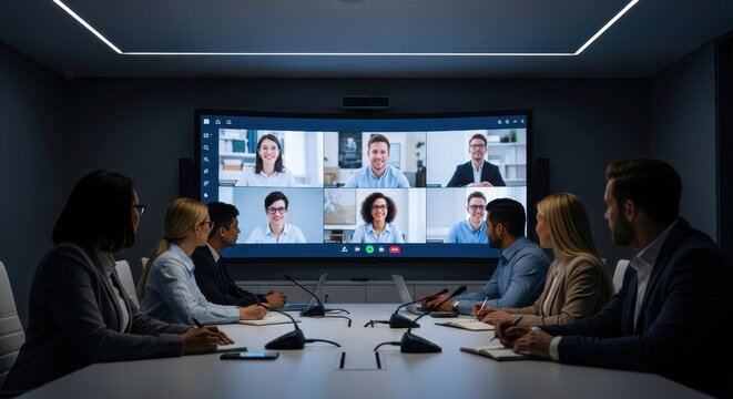 A diverse business team attending a video conference in a modern, dimly lit conference room