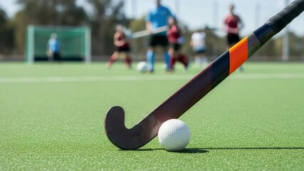 Field hockey stick and ball on a green turf field. Players compete in a match in the background during a sunny day. - Powered by Adobe