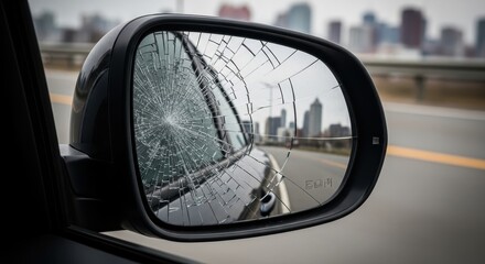 Broken car wing mirror with a cracked reflection of an urban cityscape from a highway