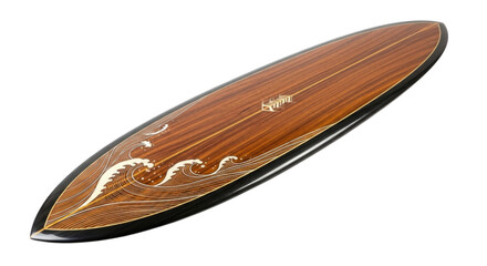 Surfboard with intricate wave design created from rich wood, cutout isolated on transparent bg, png