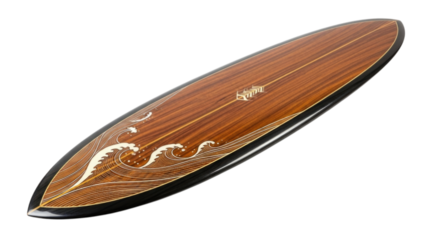 Surfboard with intricate wave design created from rich wood, cutout isolated on transparent bg, png