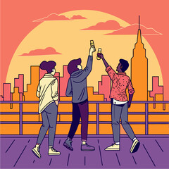 Group of friends cheering with drinks during sunset on rooftop