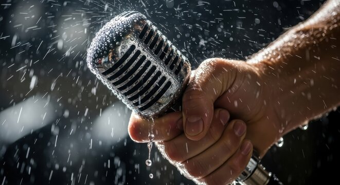 A performer's hand gripping a vintage microphone in a dramatic downpour of rain