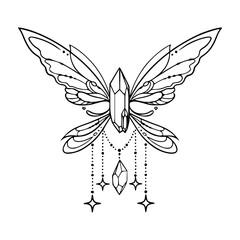 mystic butterfly with crystals and stars line art