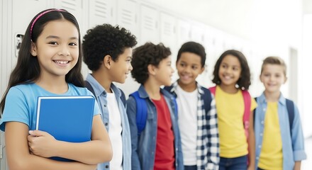 Young students in a school hallway smiling and holding books