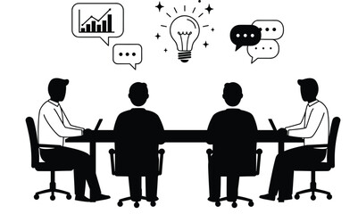 Business meeting illustration with team brainstorming, idea sharing, communication concept, office discussion, teamwork collaboration, black and white vector graphic.