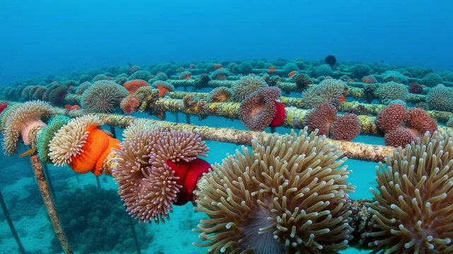Underwater anemone farm for coral reef restoration. Marine conservation and aquaculture project with rows of colorful sea anemones on a grid.
