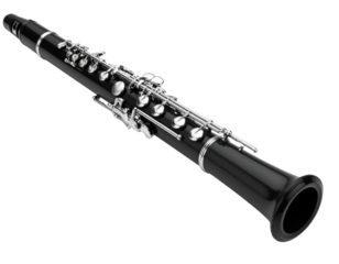 Realistic Clarinet Illustration with Silver Keys and Black Body, Side View, Isolated on White Background