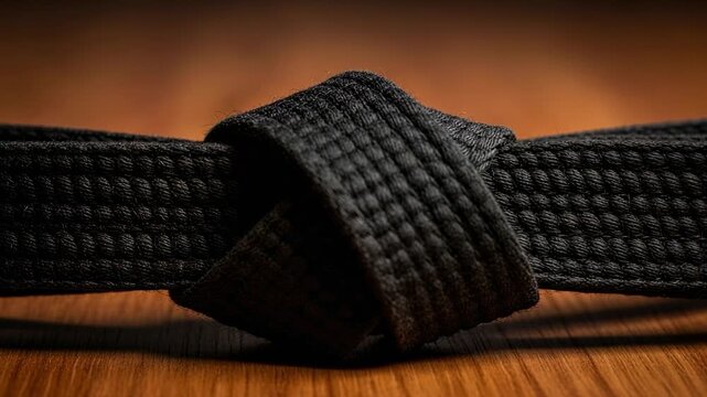Black belt knot on a wooden table. Martial arts achievement and mastery. Karate, Judo, or Taekwondo rank.