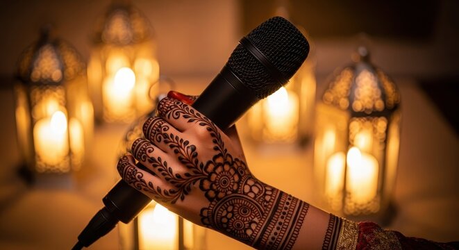An elegantly decorated hand with henna art holds a microphone, set against a warm, glowing lantern backdrop. - Powered by Adobe