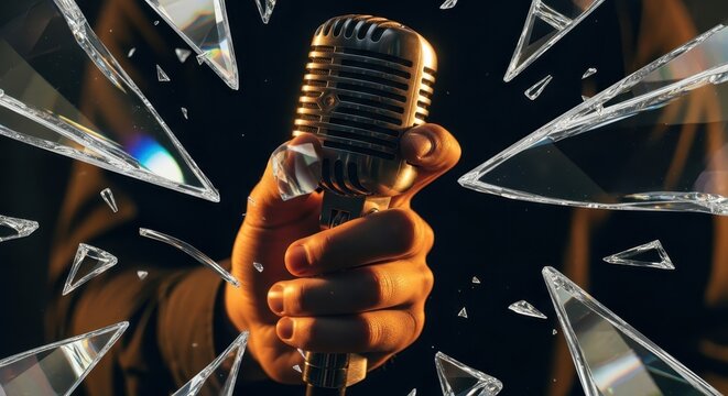 Hand gripping a retro microphone, shattering silence with a powerful sonic boom concept.