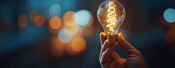 The hand holding a glowing light bulb against a blurred background.