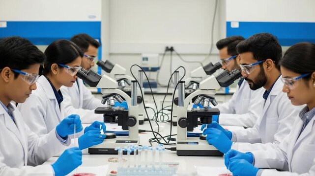 Team of young Indian scientists working in a modern laboratory. Male and female researchers using microscopes for medical analysis and development. - Powered by Adobe