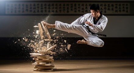 A focused martial arts expert performing a dynamic flying kick, shattering a stack of wooden boards.